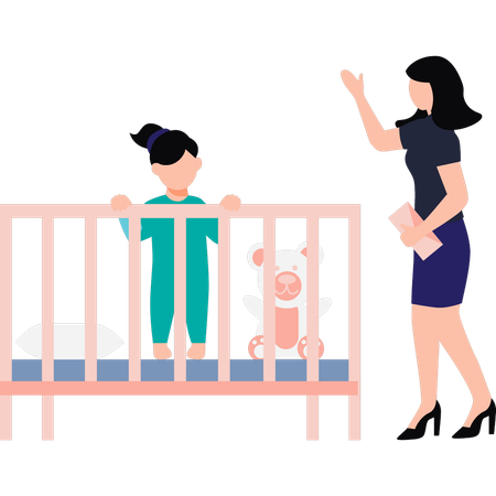 Mother stands by the child's bed  Illustration