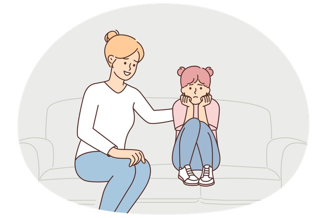 Mother stroking upset daughter on back sitting on couch after quarrel or important conversation  Illustration