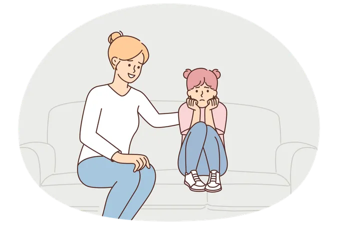 Mother stroking upset daughter on back sitting on couch after quarrel or important conversation  Illustration