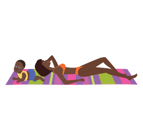 Mother sunbathing at beach with baby  Illustration