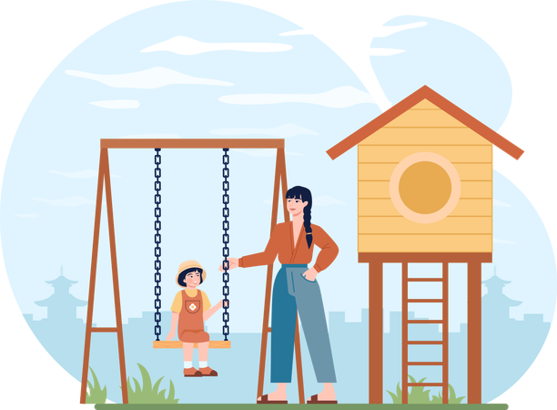 Mother swings her baby in garden  Illustration