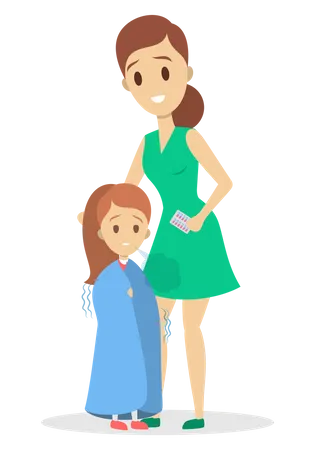 Mother Take Care Of Sick Daughter Suffering From Chill Care About Little Ill Child Isolated Vector Illustration In Cartoon Style 일러스트레이션