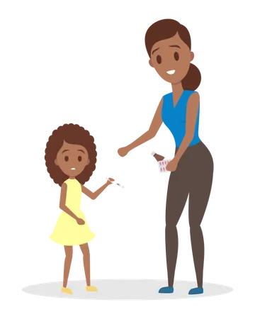 Mother Take Care Of Sick Daughter Suffering From High Temperature Care About Little Ill Child Isolated Vector Illustration In Cartoon Style 일러스트레이션