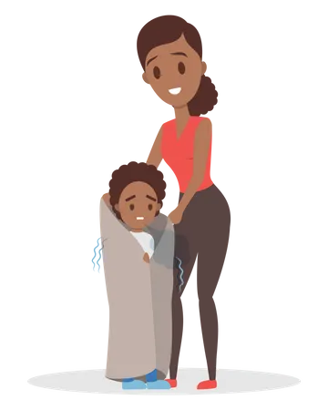 Mother Take Care Of Sick Son Suffering From Chill Care About Little Ill Child Isolated Vector Illustration In Cartoon Style 일러스트레이션