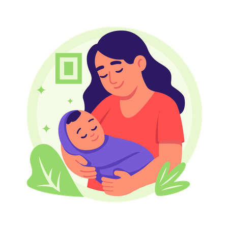 Mother takes care of newborn baby  Illustration