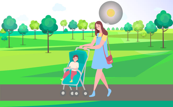Mother takes her baby for walk in garden  Illustration