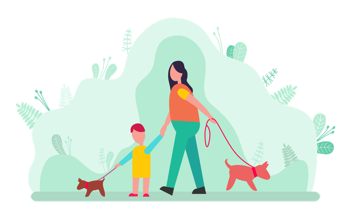 Mother takes her child on walk with pet dog  Illustration