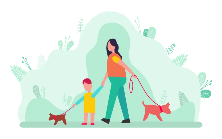 Mother takes her child on walk with pet dog  Illustration