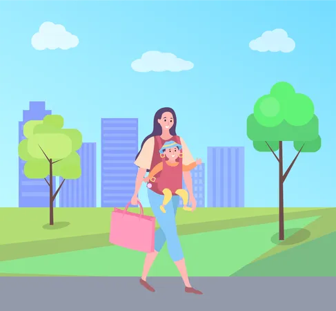 Mother taking baby in bag  Illustration