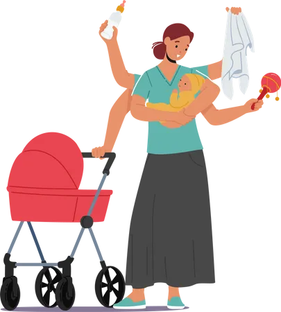 Mother With Many Arms Holding Newborn Baby Stroller Milk Bottle Diaper And Rattle In Hands Mom Character Multitasking Stress Daily Routine Concept Cartoon People Vector Illustration Illustration