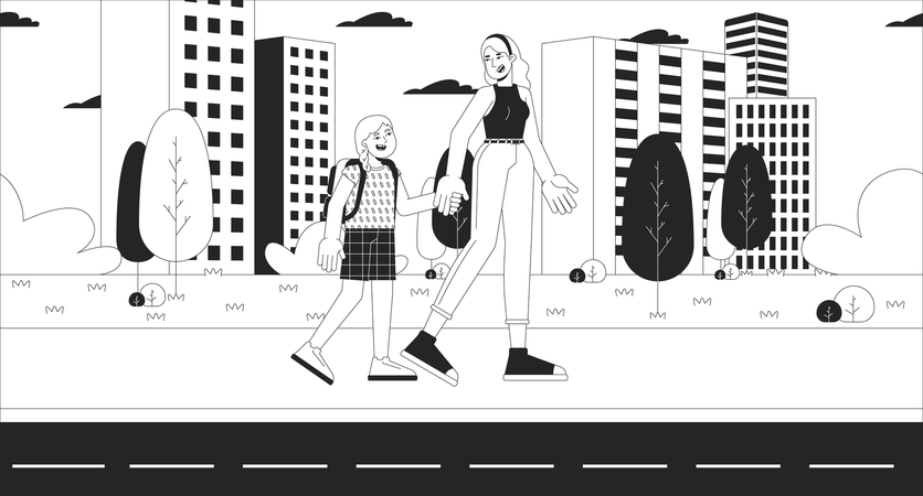 Mother taking daughter to school  Illustration