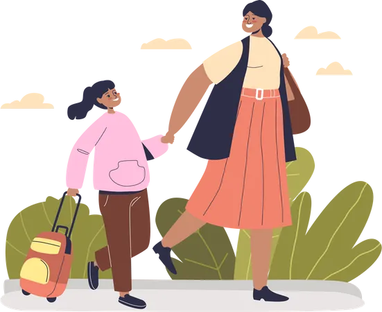 Mother Taking Kid Girl To School Happy Mom Walking With Small Pupil Child Holding Backpack With Books Schoolchild And Education Concept Cartoon Flat Vector Illustration Illustration