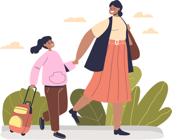 Mother taking kid girl to school  Illustration