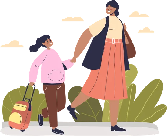 Mother taking kid girl to school  Illustration