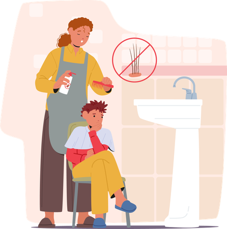 Mother taking of son applying medicated shampoo from pediculosis to get rid of lice parasite  Illustration