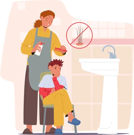 Mother taking of son applying medicated shampoo from pediculosis to get rid of lice parasite  Illustration