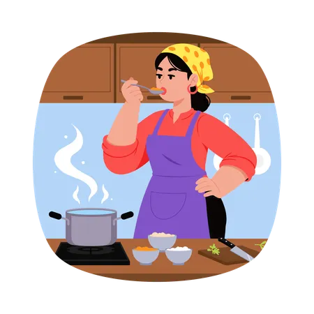 뜨거운 수프를 맛보는 어머니  일러스트레이션