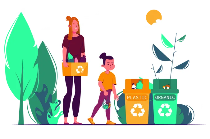 Mother teach her little daughter to sort garbage in order to save the environment  Illustration