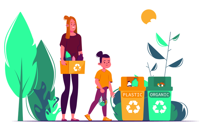 Mother teach her little daughter to sort garbage in order to save the environment  Illustration