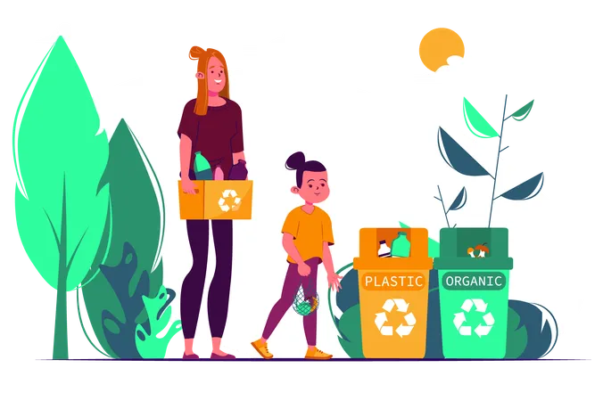 Mother teach her little daughter to sort garbage in order to save the environment  イラスト