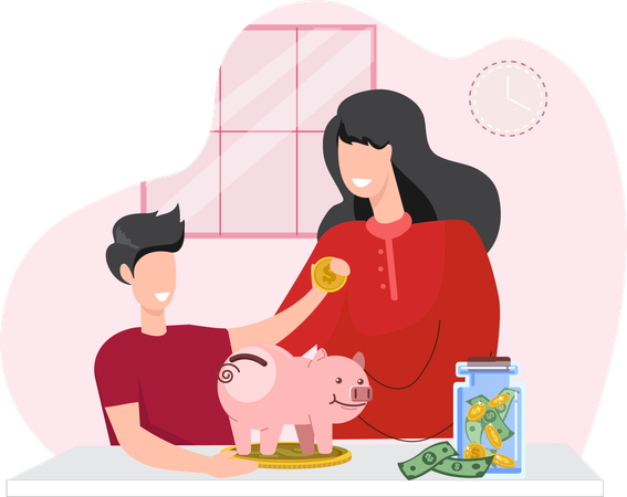 Mother teaches children about saving money  일러스트레이션