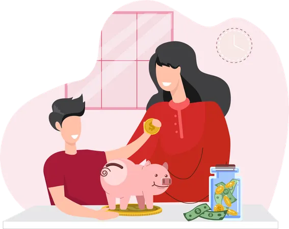 Mother Teaches Children About Saving Money Boy Putting Cash In A Glass Jar Vector Illustration For Finance Deposit Economy Investment Banking Concept Illustration