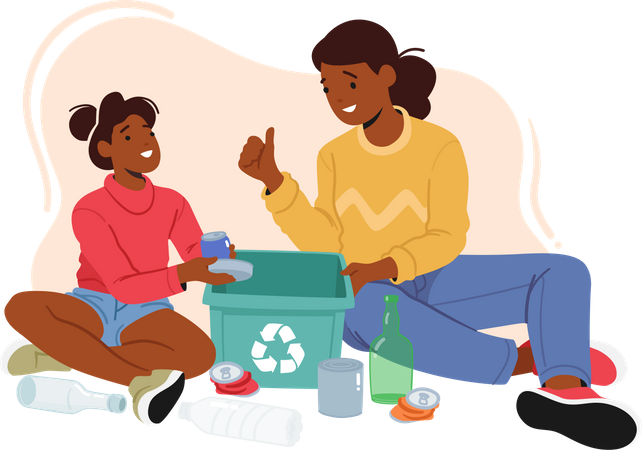 Mother teaching daughter about sorting trash Illustration