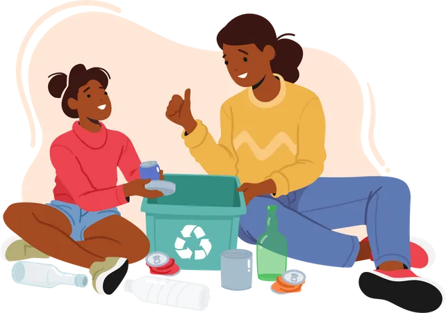Mother teaching daughter about sorting trash Illustration