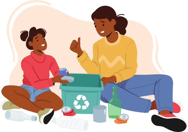 Mother teaching daughter about sorting trash  Illustration