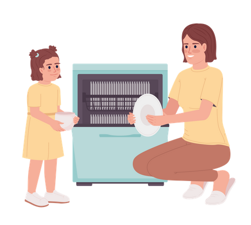 Mother teaching daughter loading dishwasher  Illustration