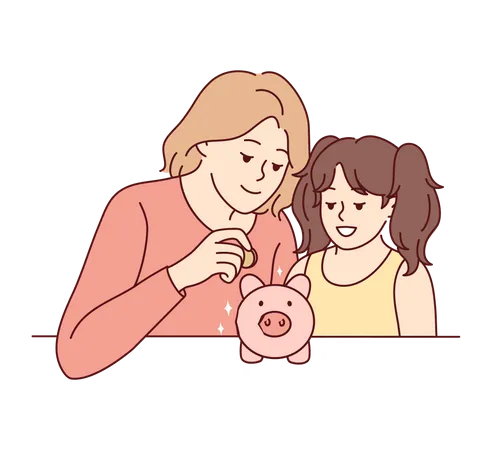 Mother teaching daughter to save money in piggy bank Illustration
