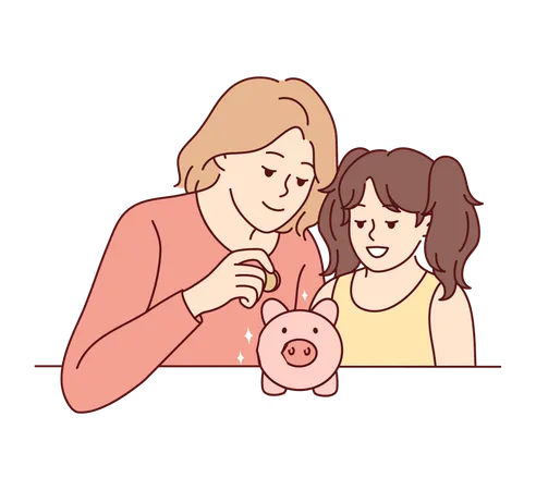 Mother teaching daughter to save money in piggy bank  Illustration