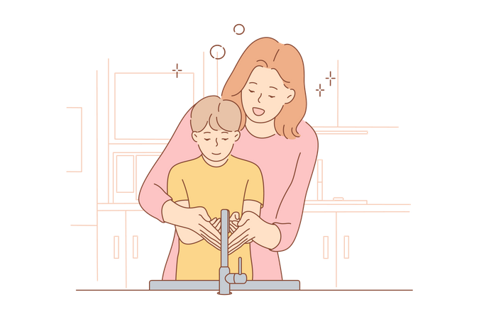 Mother teaching hand wash to son  Illustration