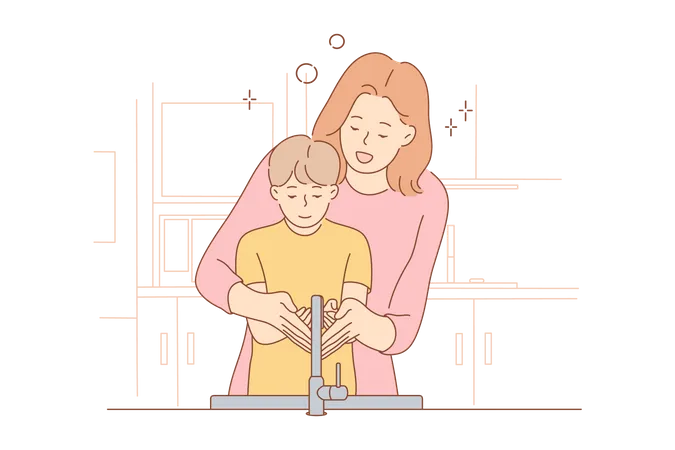 Mother teaching hand wash to son  Illustration