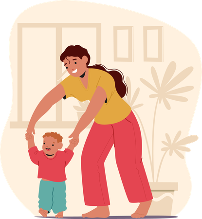 Mother teaching infant son kid to make first steps enjoying happy family time together at home  Illustration