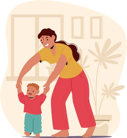 Mother teaching infant son kid to make first steps enjoying happy family time together at home  Illustration