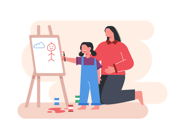 Mother teaching painting to daughter  Illustration
