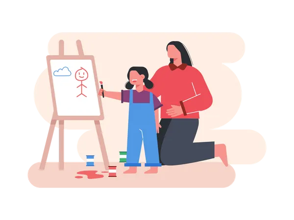 Mother teaching painting to daughter  Illustration