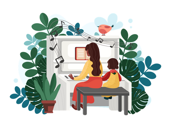 Mother teaching piano to daughter Illustration