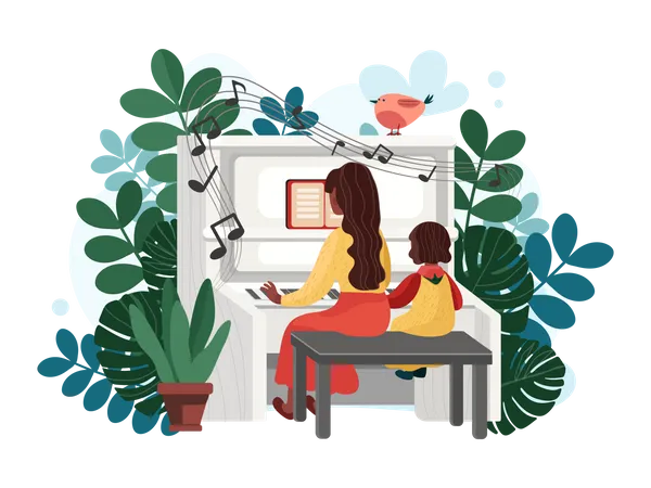 Mother teaching piano to daughter  Illustration