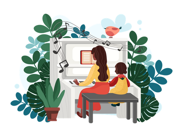 Mother teaching piano to daughter  Illustration