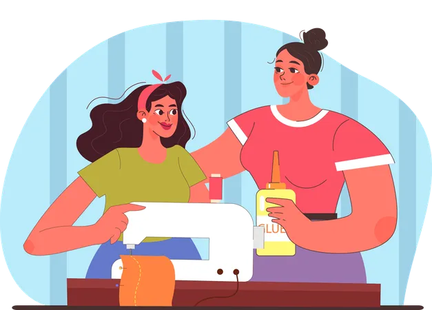 Mother teaching sewing machine to daughter  Illustration