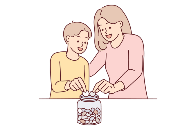 Mother teaching son to save money  Illustration