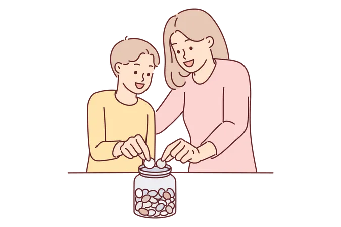 Mother teaching son to save money  Illustration