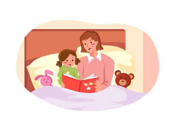 Mother telling a bedtime story to her child Illustration