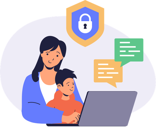 Mother telling about cyber security to son  Illustration