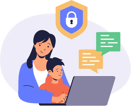 Mother telling about cyber security to son  Illustration