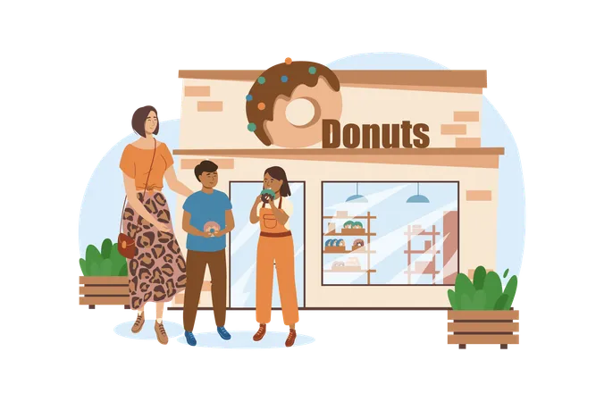 Shop Blue Concept With People Scene In The Flat Cartoon Style Mother Took Her Children To A Shop With Delicious Cakes Vector Illustration Illustration