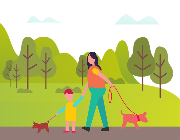 Mother took her son and dog on park's walk  Illustration