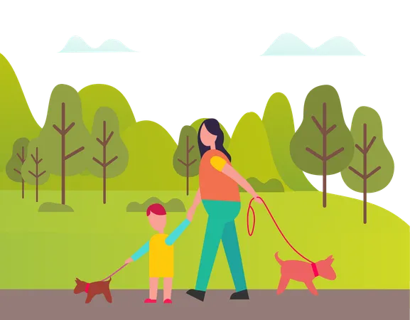 Mother took her son and dog on park's walk  Illustration